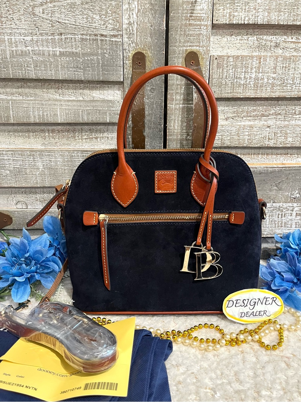 DOONEY & BOURKE Navy Suede Domed Satchel Brown Trim NWOT